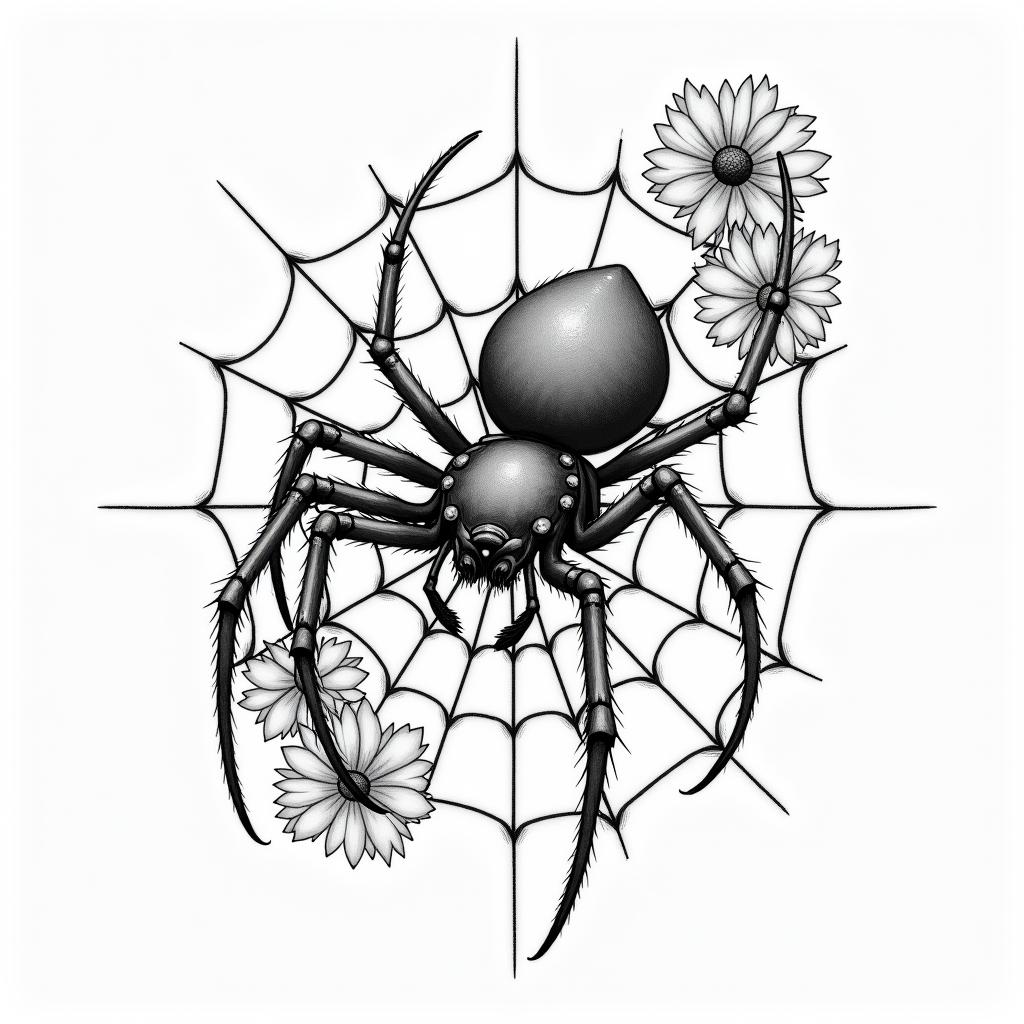 Small spider on web with lots of flowersin japanese style tattoo, detailed tattoo, traditional japanese culture tattoo, mythology, 8k - Variation 78
