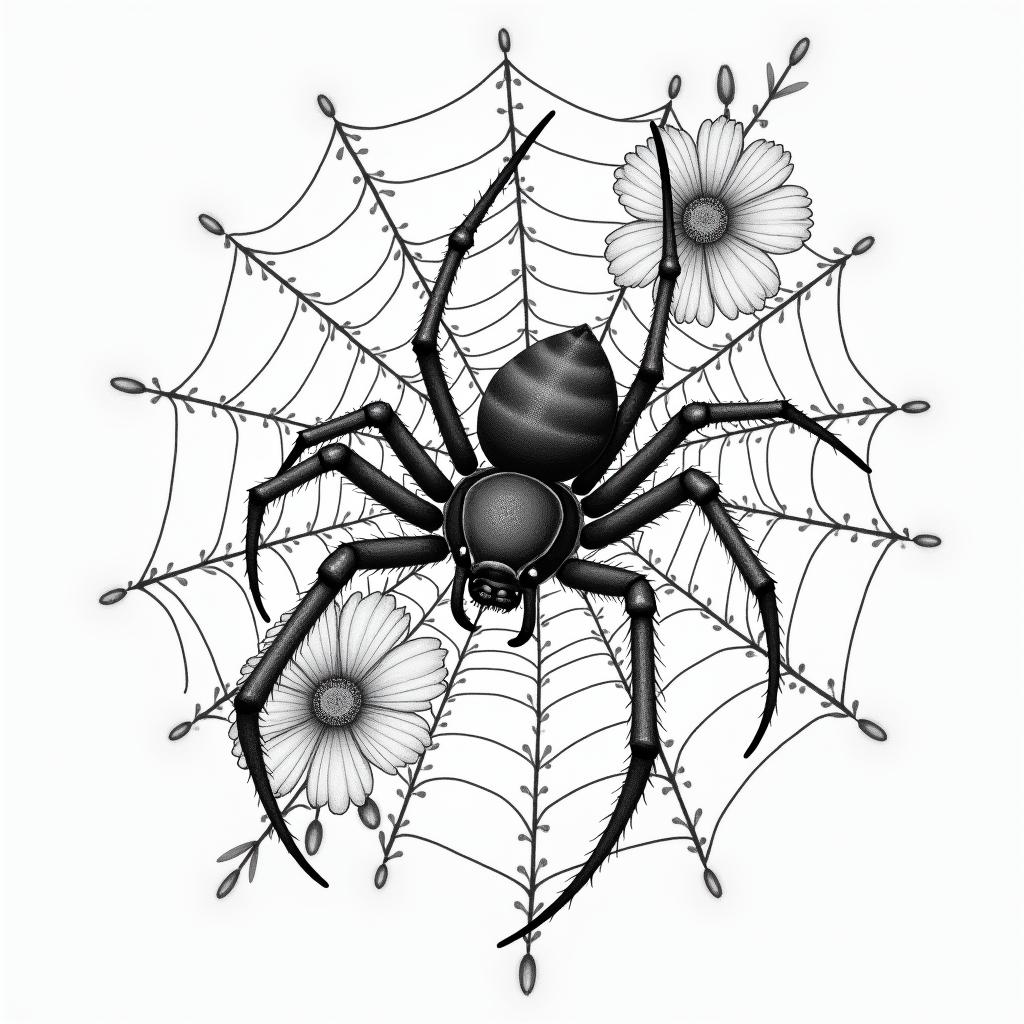 Small spider on web with lots of flowersin japanese style tattoo, detailed tattoo, traditional japanese culture tattoo, mythology, 8k - Variation 76