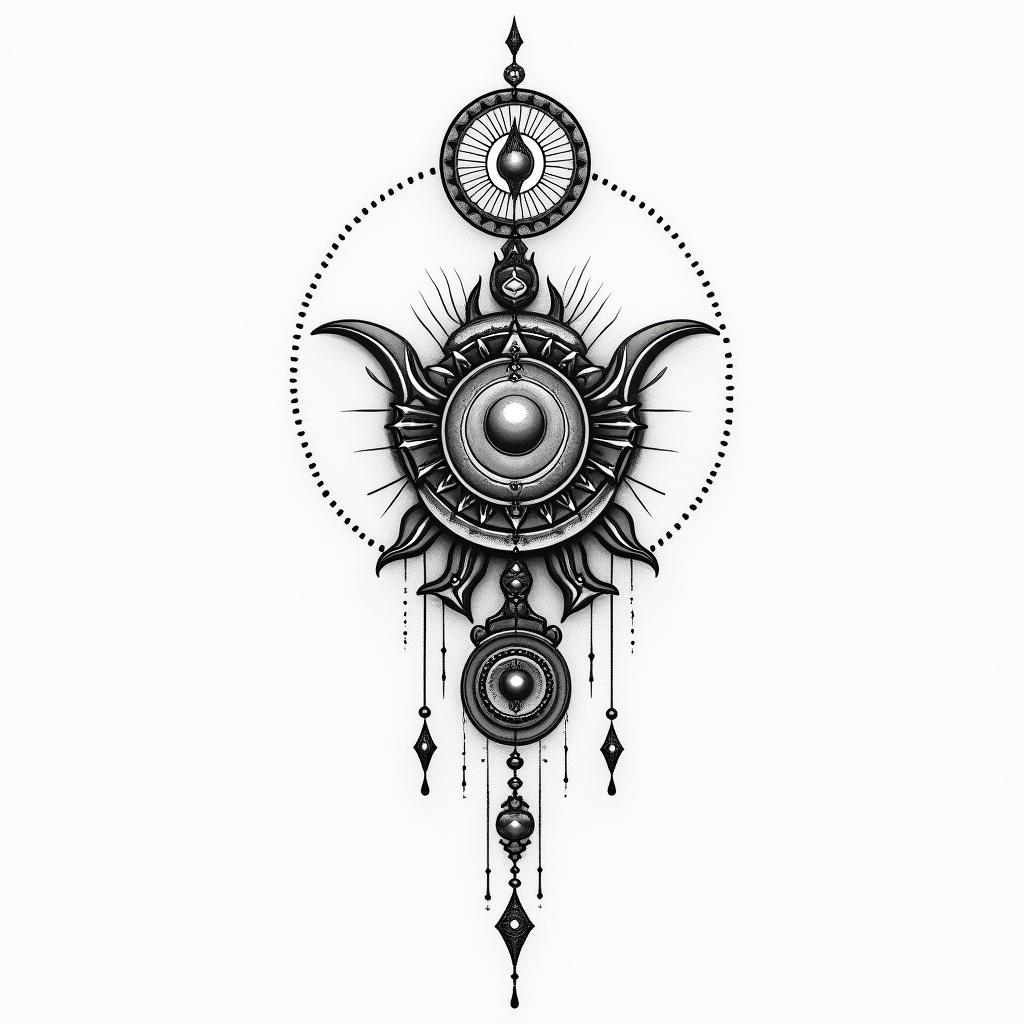 Alex 01.06.1979 Versmoldin spiritual symbols tattoo style, featuring an intricate design incorporating elements, Hamsa hand, third eye, minimalist composition