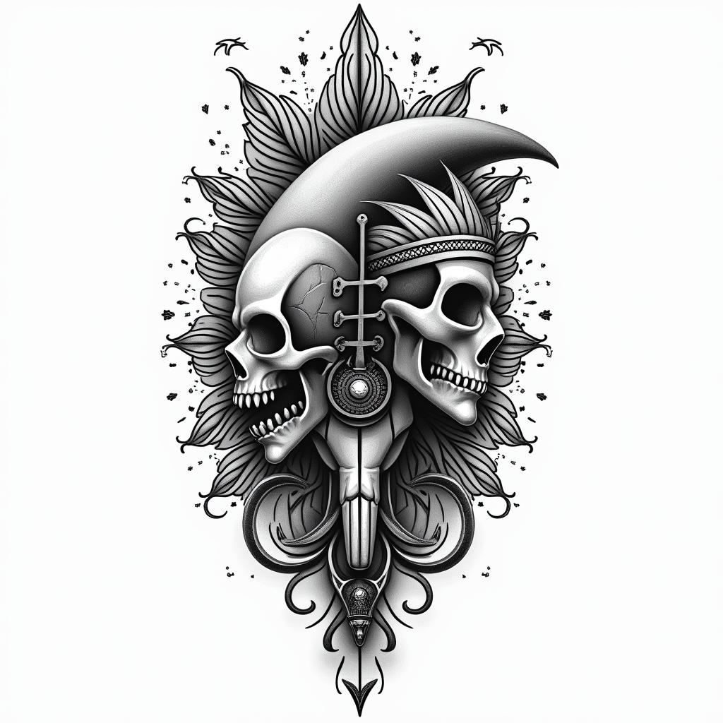 half dolphin half skullin egyptian style tattoo, bold elements of ancient egyptian culture including a portrait of an Egyptian pharaoh with detailed facial features, in hieroglyphs and symbolic imagery, eye of horus, ankh symbol, scarab beetle