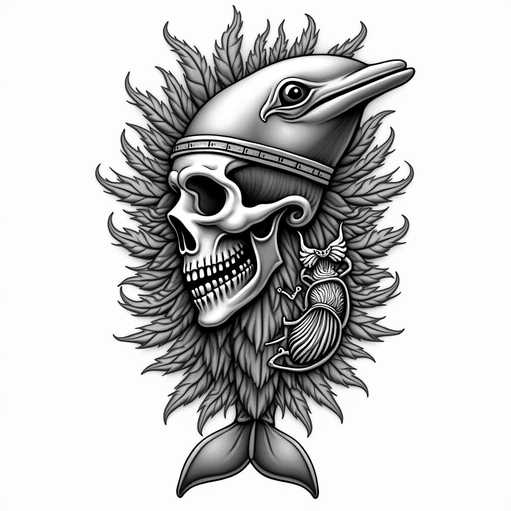 half dolphin half skullin egyptian style tattoo, bold elements of ancient egyptian culture including a portrait of an Egyptian pharaoh with detailed facial features, in hieroglyphs and symbolic imagery, eye of horus, ankh symbol, scarab beetle - Variation 4