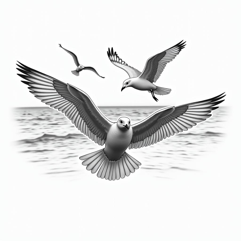 Beach Seagulls Suntext-based tattoo, gothic font ultra-realistic, perfectly placed, high-quality font design, photo-realistic shading, 8k, high quality, finely detailed typography - Variation 4