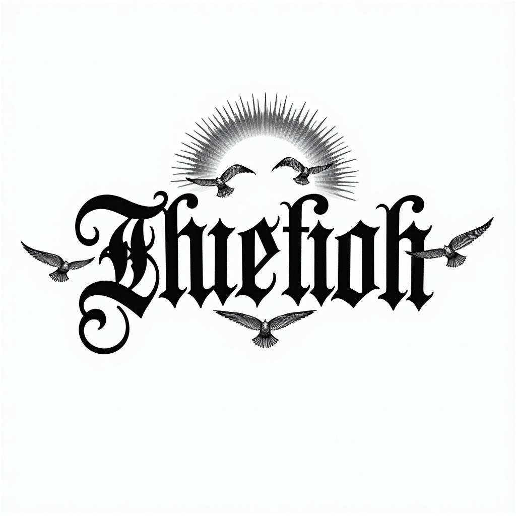 Beach Seagulls Suntext-based tattoo, gothic font ultra-realistic, perfectly placed, high-quality font design, photo-realistic shading, 8k, high quality, finely detailed typography - Variation 2