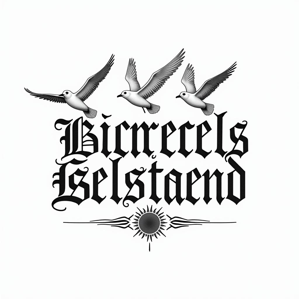 Beach Seagulls Suntext-based tattoo, gothic font ultra-realistic, perfectly placed, high-quality font design, photo-realistic shading, 8k, high quality, finely detailed typography - Variation 3