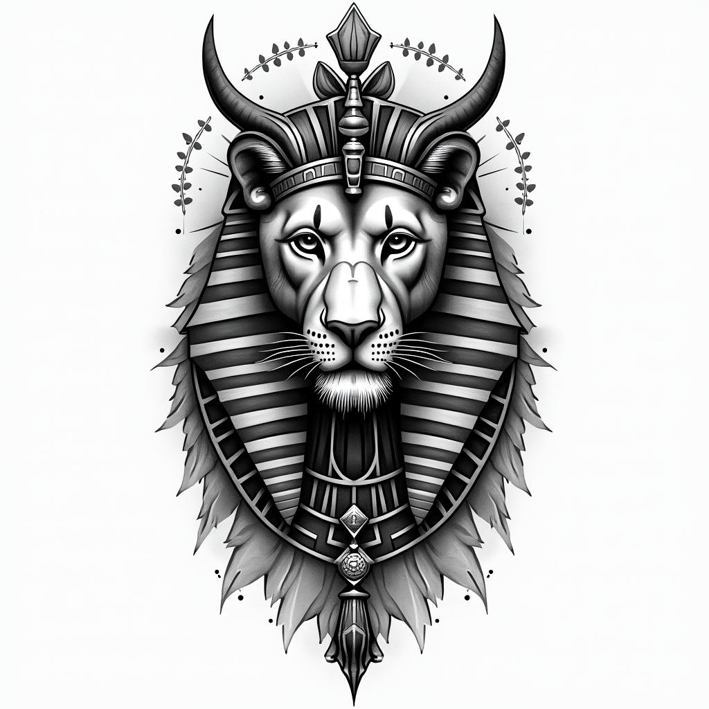 Lion finding his way in life with little to no guidancein egyptian style tattoo, bold elements of ancient egyptian culture including a portrait of an Egyptian pharaoh with detailed facial features, in hieroglyphs and symbolic imagery, eye of horus, ankh symbol, scarab beetle - Variation 2