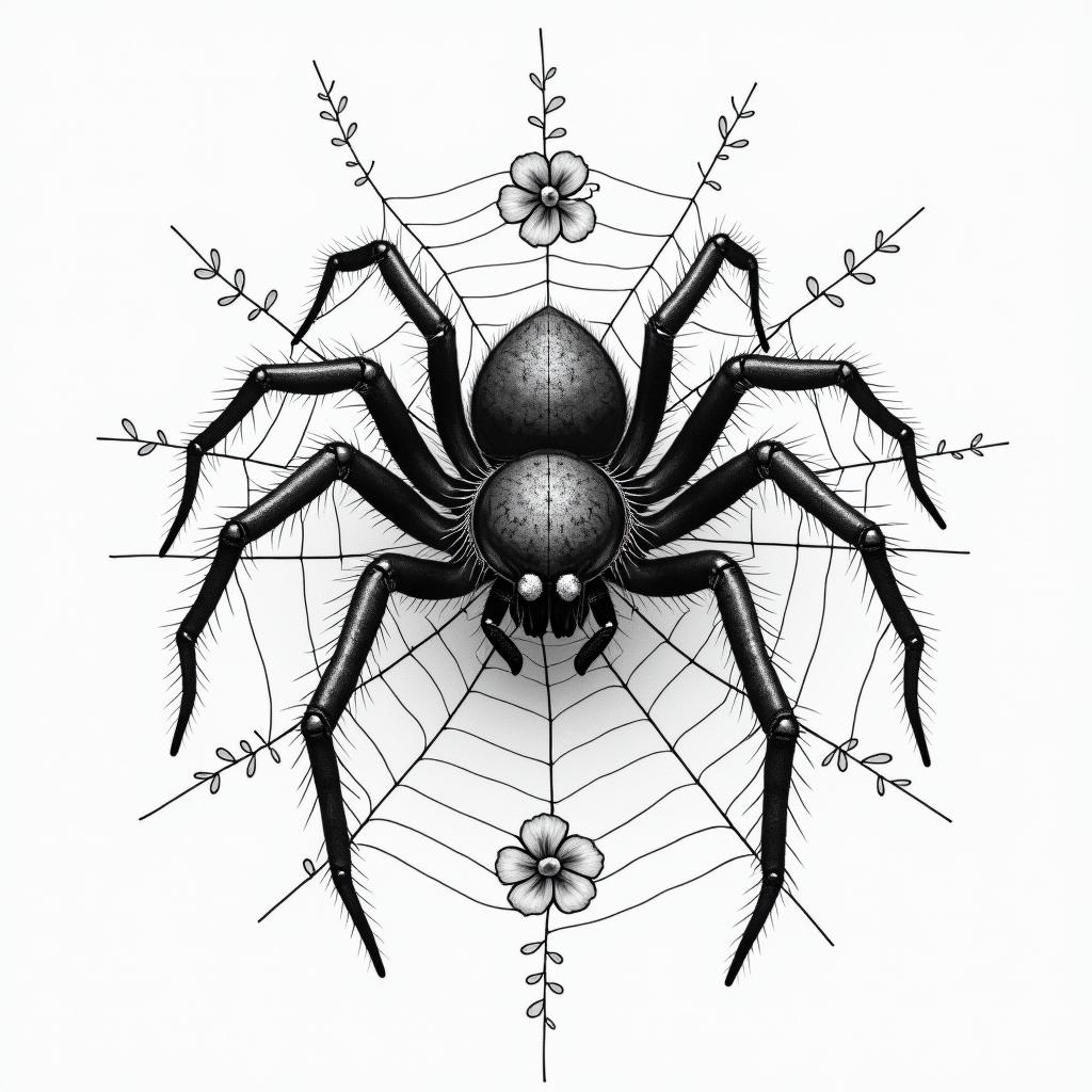 Small spider on web with lots of flowersin japanese style tattoo, detailed tattoo, traditional japanese culture tattoo, mythology, 8k - Variation 73