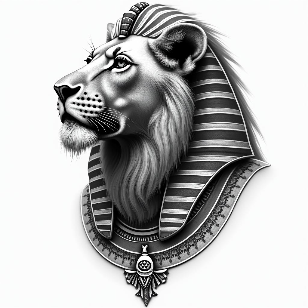Lion finding his way in life with little to no guidancein egyptian style tattoo, bold elements of ancient egyptian culture including a portrait of an Egyptian pharaoh with detailed facial features, in hieroglyphs and symbolic imagery, eye of horus, ankh symbol, scarab beetle - Variation 4