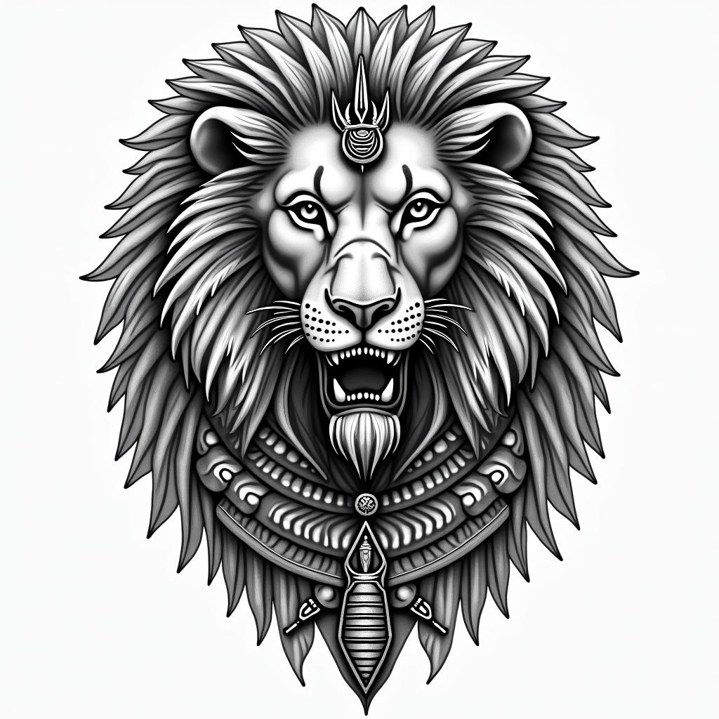Lion finding his way in life with little to no guidancein egyptian style tattoo, bold elements of ancient egyptian culture including a portrait of an Egyptian pharaoh with detailed facial features, in hieroglyphs and symbolic imagery, eye of horus, ankh symbol, scarab beetle - Variation 3