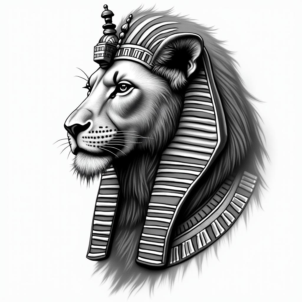 Lion finding his way in life with little to no guidancein egyptian style tattoo, bold elements of ancient egyptian culture including a portrait of an Egyptian pharaoh with detailed facial features, in hieroglyphs and symbolic imagery, eye of horus, ankh symbol, scarab beetle