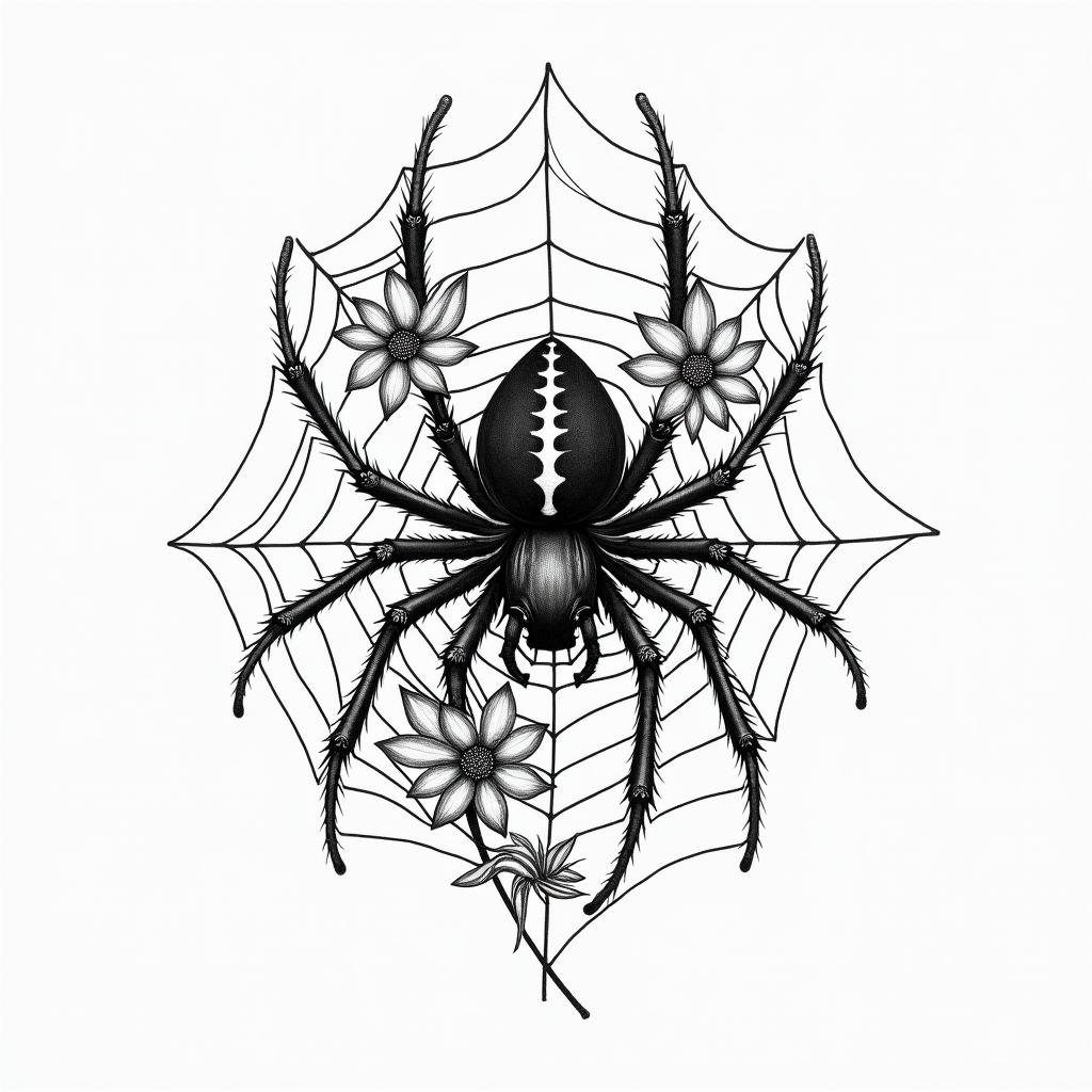 Small spider on web with lots of flowersin japanese style tattoo, detailed tattoo, traditional japanese culture tattoo, mythology, 8k - Variation 71