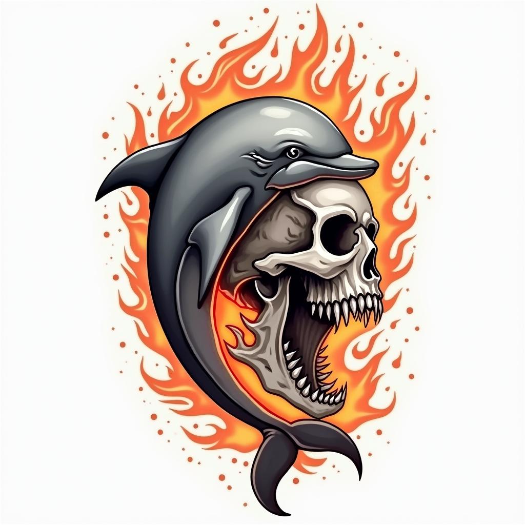 half dolphin half skullin flame tattoo style showcasing fiery elements with dynamic flame patterns, glowing effect of flames, natural colors - Variation 4