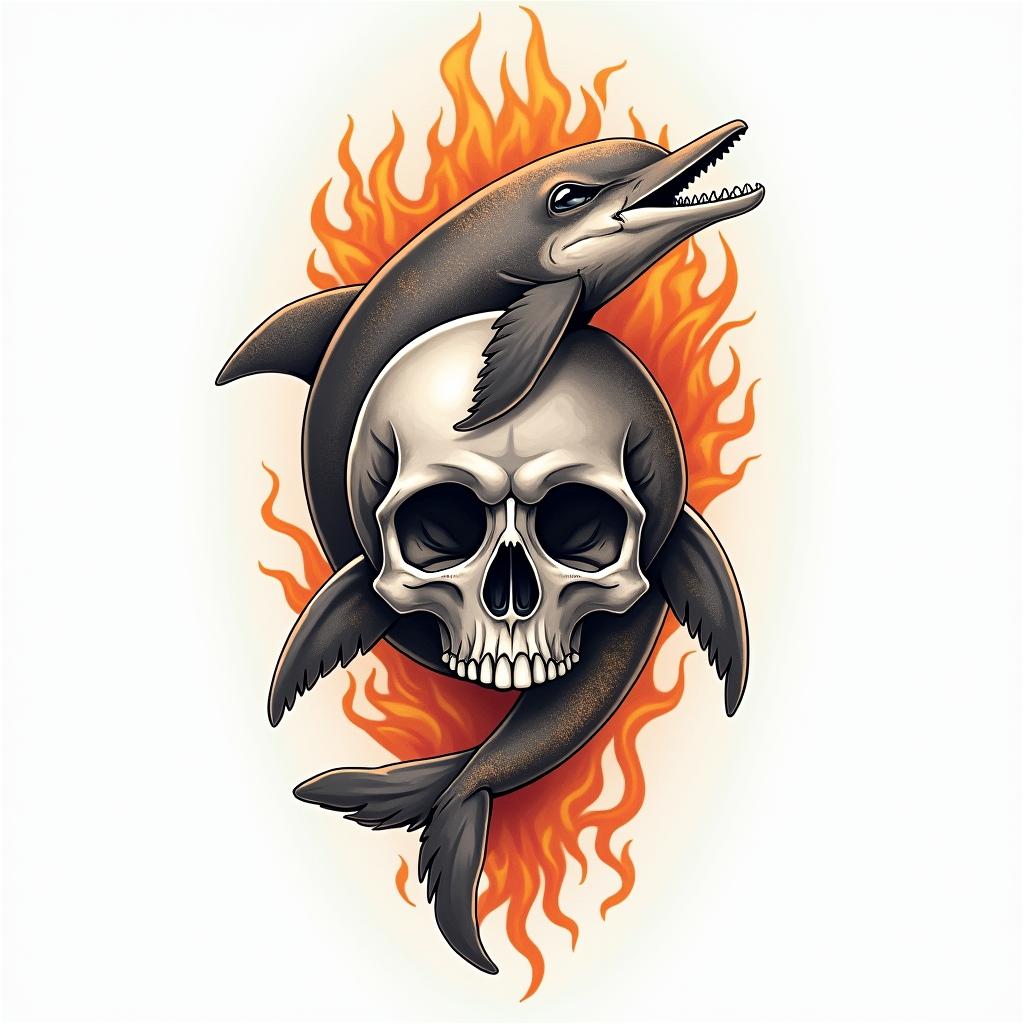 half dolphin half skullin flame tattoo style showcasing fiery elements with dynamic flame patterns, glowing effect of flames, natural colors - Variation 2