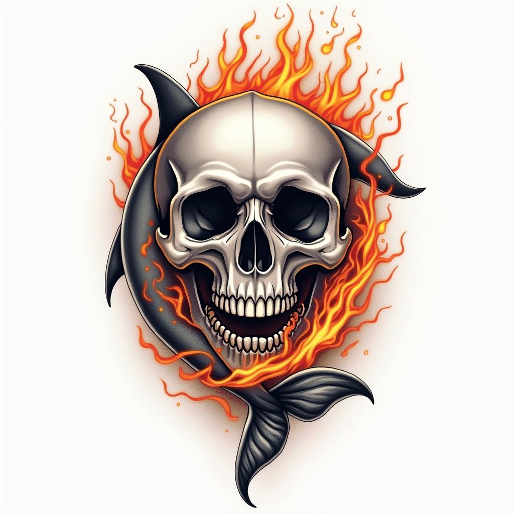 half dolphin half skullin flame tattoo style showcasing fiery elements with dynamic flame patterns, glowing effect of flames, natural colors - Variation 3