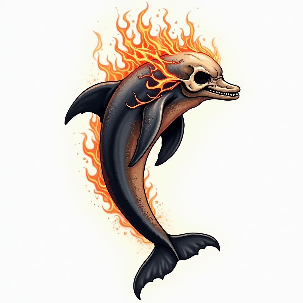 half dolphin half skullin flame tattoo style showcasing fiery elements with dynamic flame patterns, glowing effect of flames, natural colors