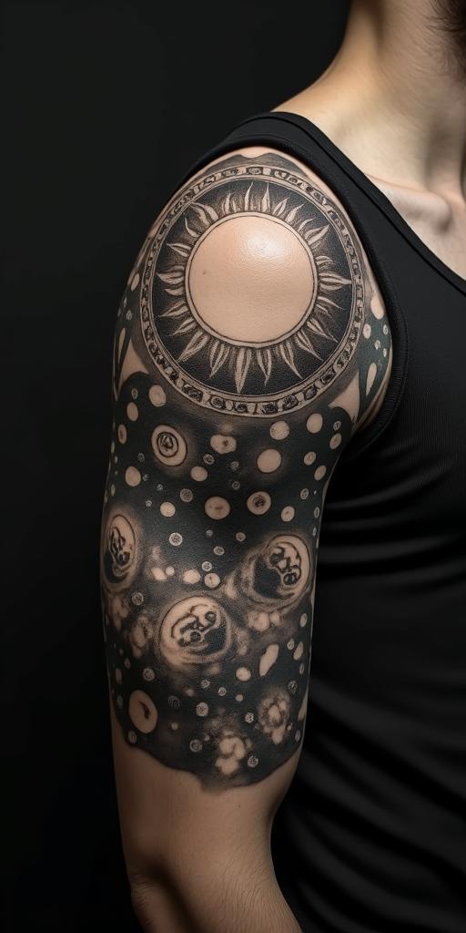 Sun and moon intertwined, glowingin paganic style tattoo, featuring ancient symbols, add vegvisir symbol, mystical figures, incorporating designs, pentagrams, runes, crescent moons, - Variation 3