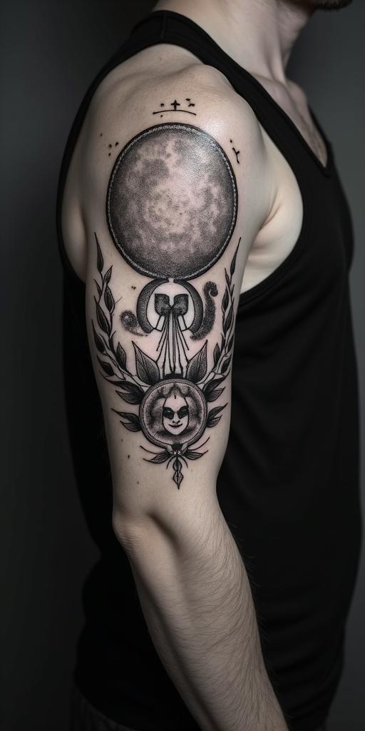 Sun and moon intertwined, glowingin paganic style tattoo, featuring ancient symbols, add vegvisir symbol, mystical figures, incorporating designs, pentagrams, runes, crescent moons, - Variation 4