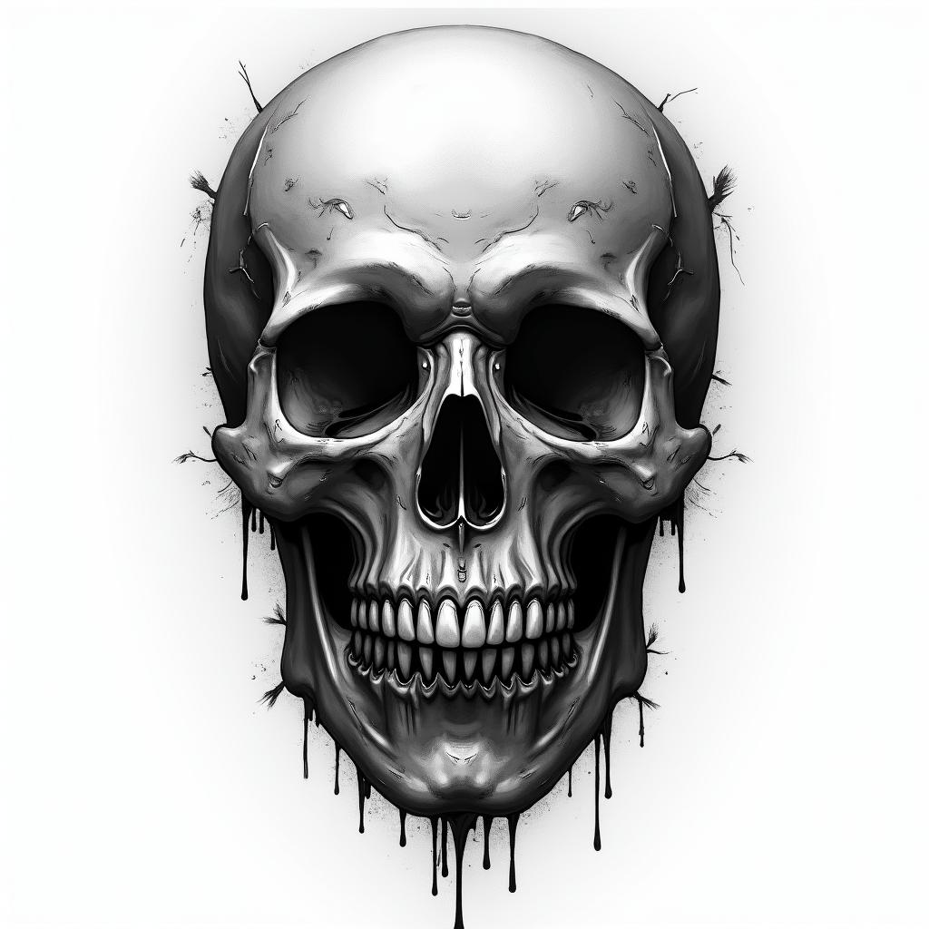 Skull in horror tattoo style, showcasing haunting and unsettling, dark and gritty textures with skulls, eerie faces, jgged designs, bold and intense shading - Variation 2
