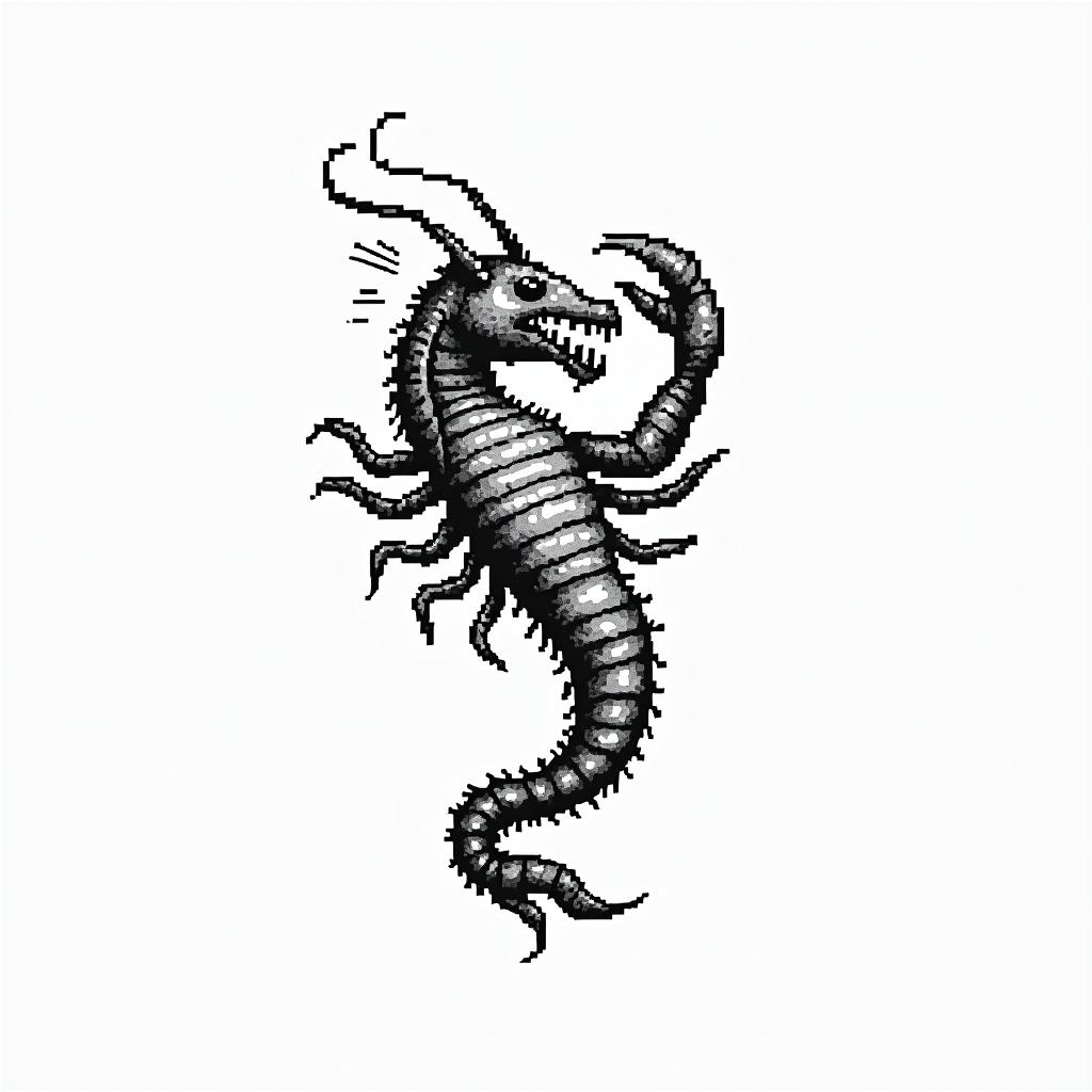 Scorpio with a broken heartin 8-bit tattoo style, minimalistic pixel style tattoo, pixel art with simplified shapes and retro gaming visuals, inspired by 8-bit pixel based detailing - Variation 3