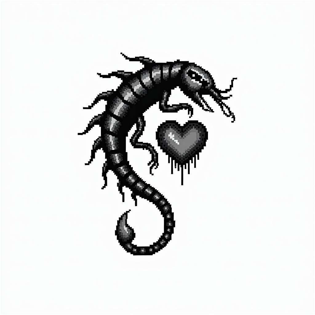 Scorpio with a broken heartin 8-bit tattoo style, minimalistic pixel style tattoo, pixel art with simplified shapes and retro gaming visuals, inspired by 8-bit pixel based detailing