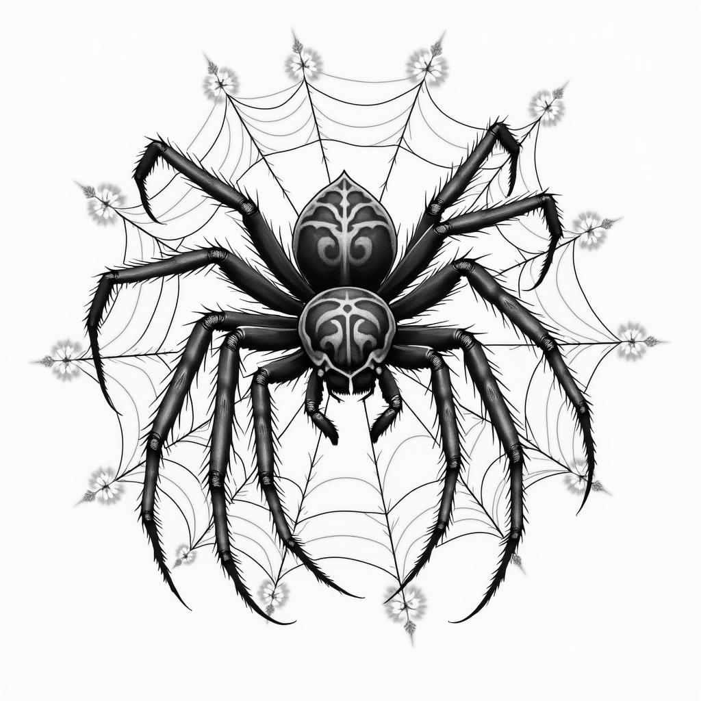 Small spider on web with lots of flowersin japanese style tattoo, detailed tattoo, traditional japanese culture tattoo, mythology, 8k - Variation 69
