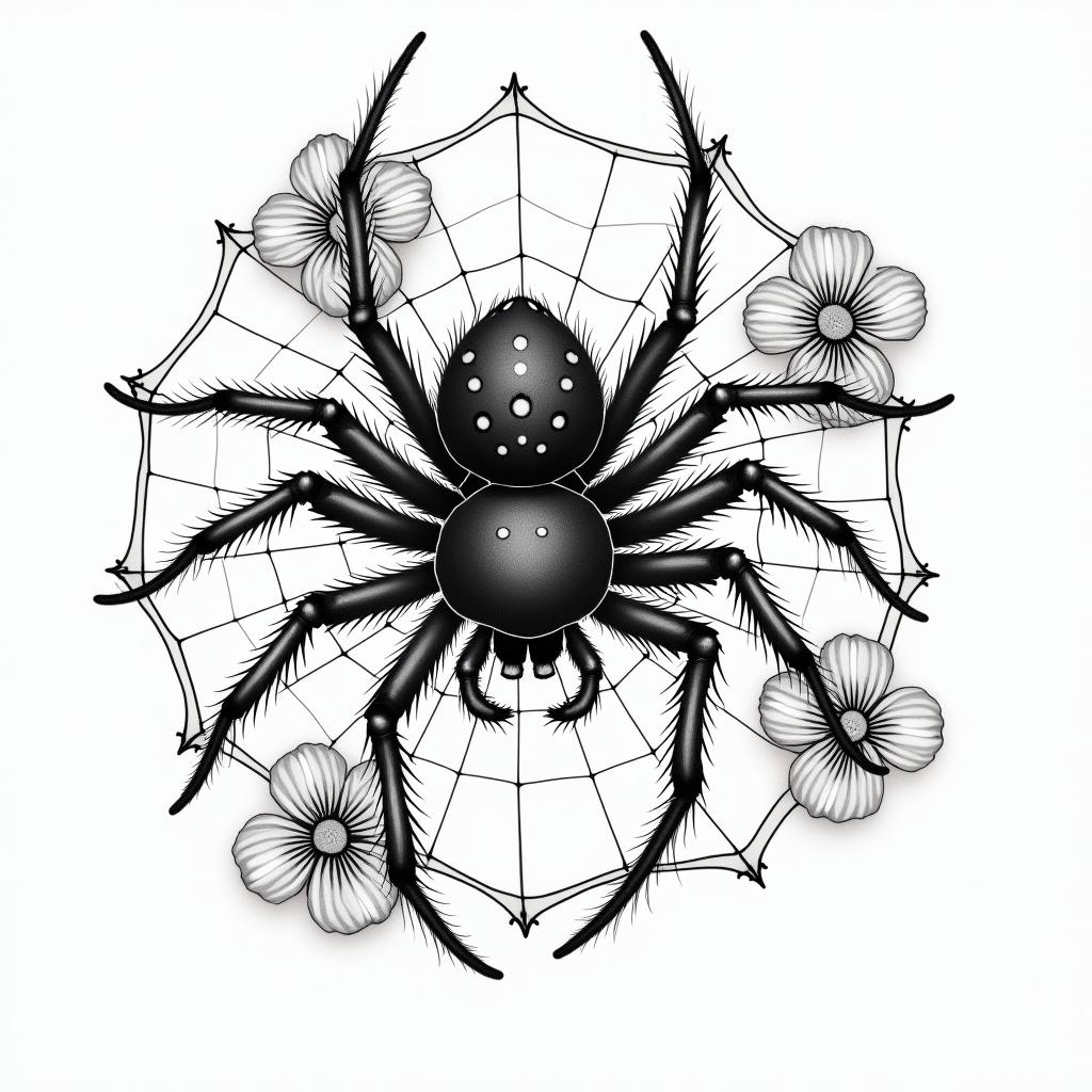 Small spider on web with lots of flowersin japanese style tattoo, detailed tattoo, traditional japanese culture tattoo, mythology, 8k - Variation 70