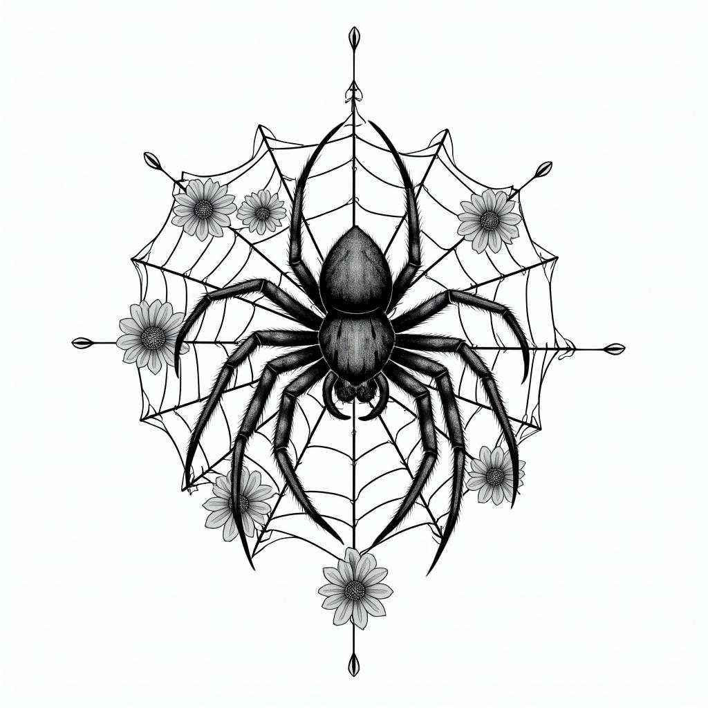 Small spider on web with lots of flowersin japanese style tattoo, detailed tattoo, traditional japanese culture tattoo, mythology, 8k - Variation 67