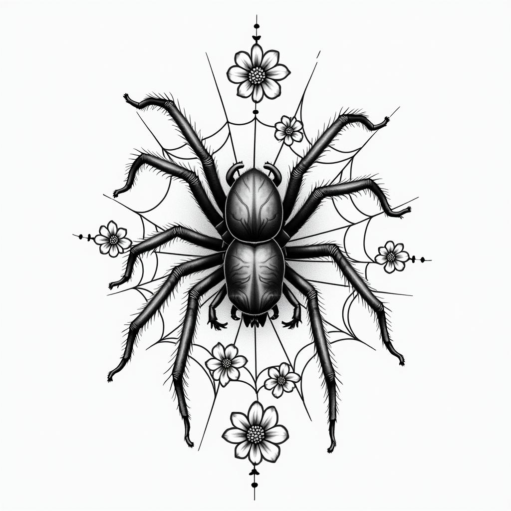Small spider on web with lots of flowersin japanese style tattoo, detailed tattoo, traditional japanese culture tattoo, mythology, 8k - Variation 68
