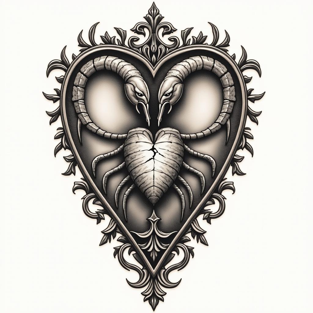 Scorpio with a broken heartin victorian style tattoo, featuring vintage and elegant elements, ornate frames, roses, antique, sepia-toned color scheme - Variation 2