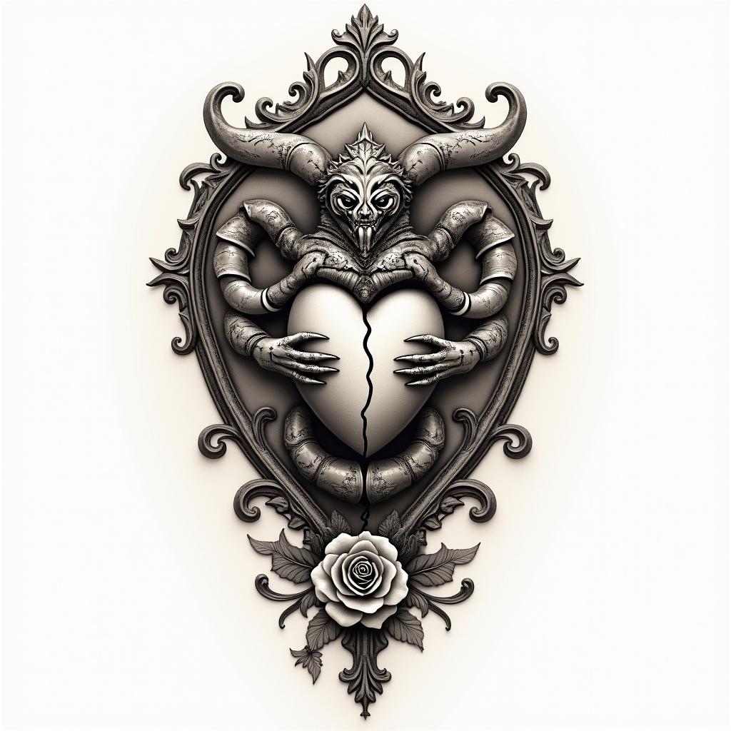 Scorpio with a broken heartin victorian style tattoo, featuring vintage and elegant elements, ornate frames, roses, antique, sepia-toned color scheme