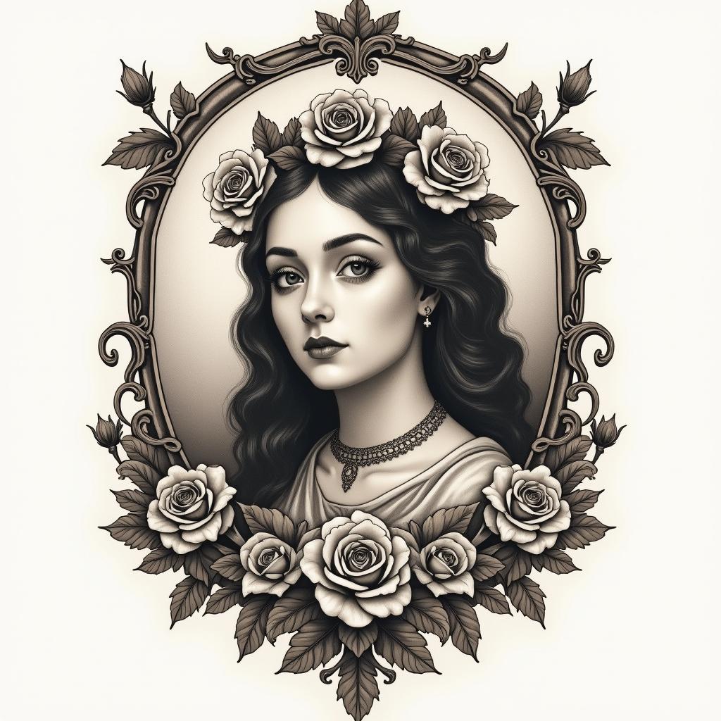 Blessed image the Peacemakersin victorian style tattoo, featuring vintage and elegant elements, ornate frames, roses, antique, sepia-toned color scheme