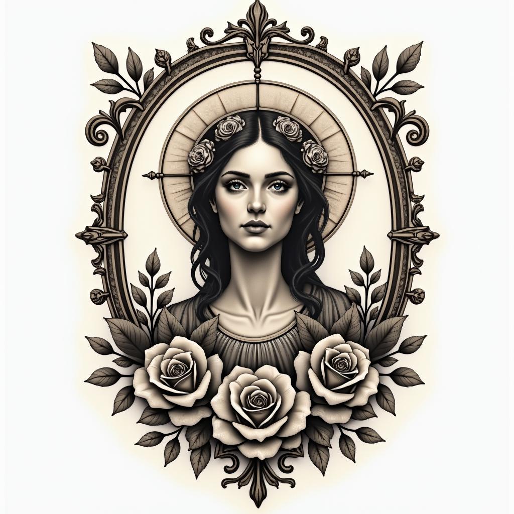 Blessed image the Peacemakersin victorian style tattoo, featuring vintage and elegant elements, ornate frames, roses, antique, sepia-toned color scheme - Variation 3