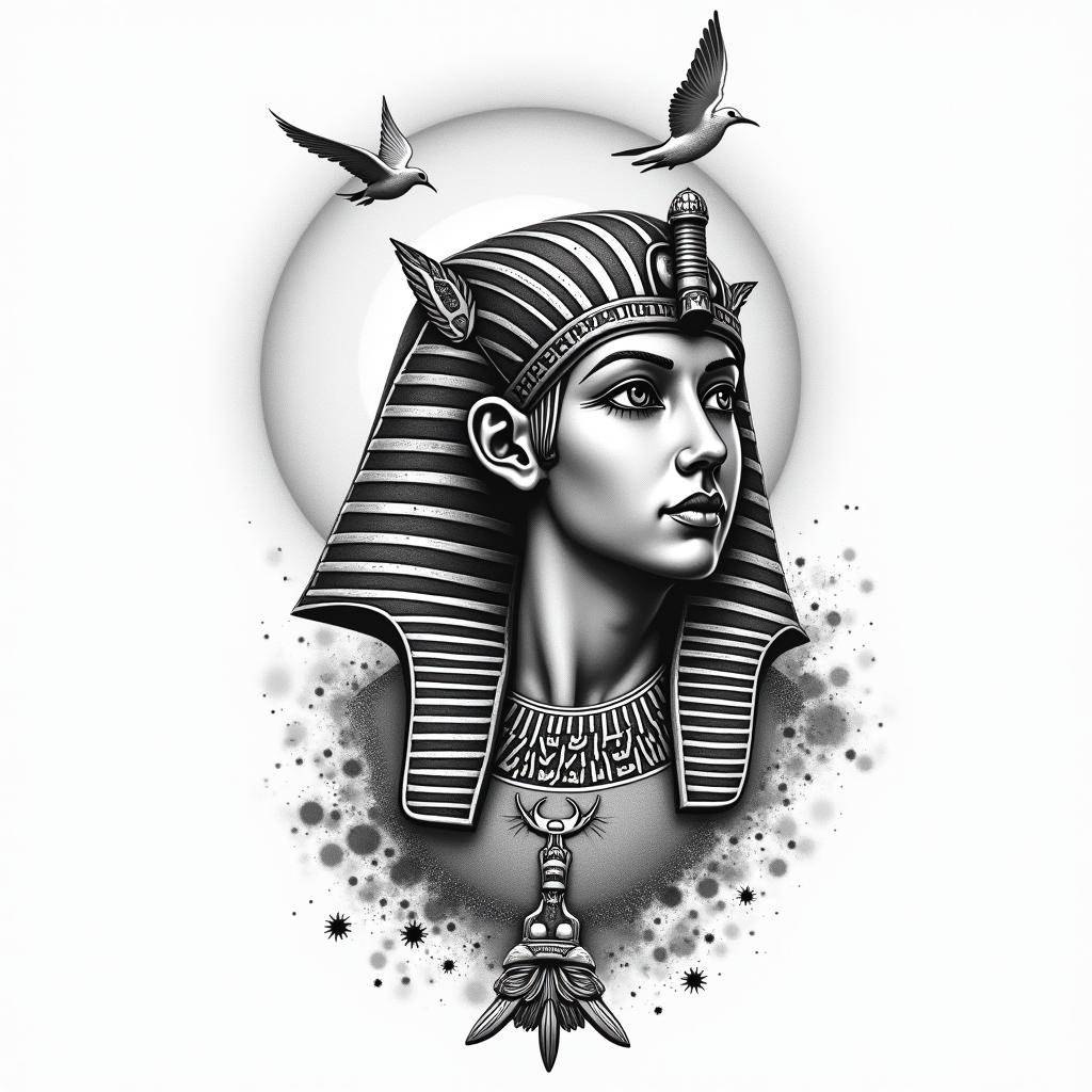 Beach Seagulls Sunin egyptian style tattoo, bold elements of ancient egyptian culture including a portrait of an Egyptian pharaoh with detailed facial features, in hieroglyphs and symbolic imagery, eye of horus, ankh symbol, scarab beetle