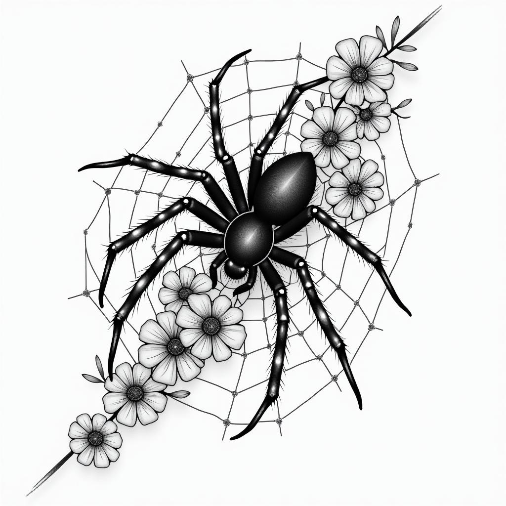 Small spider on web with lots of flowersin japanese style tattoo, detailed tattoo, traditional japanese culture tattoo, mythology, 8k - Variation 65