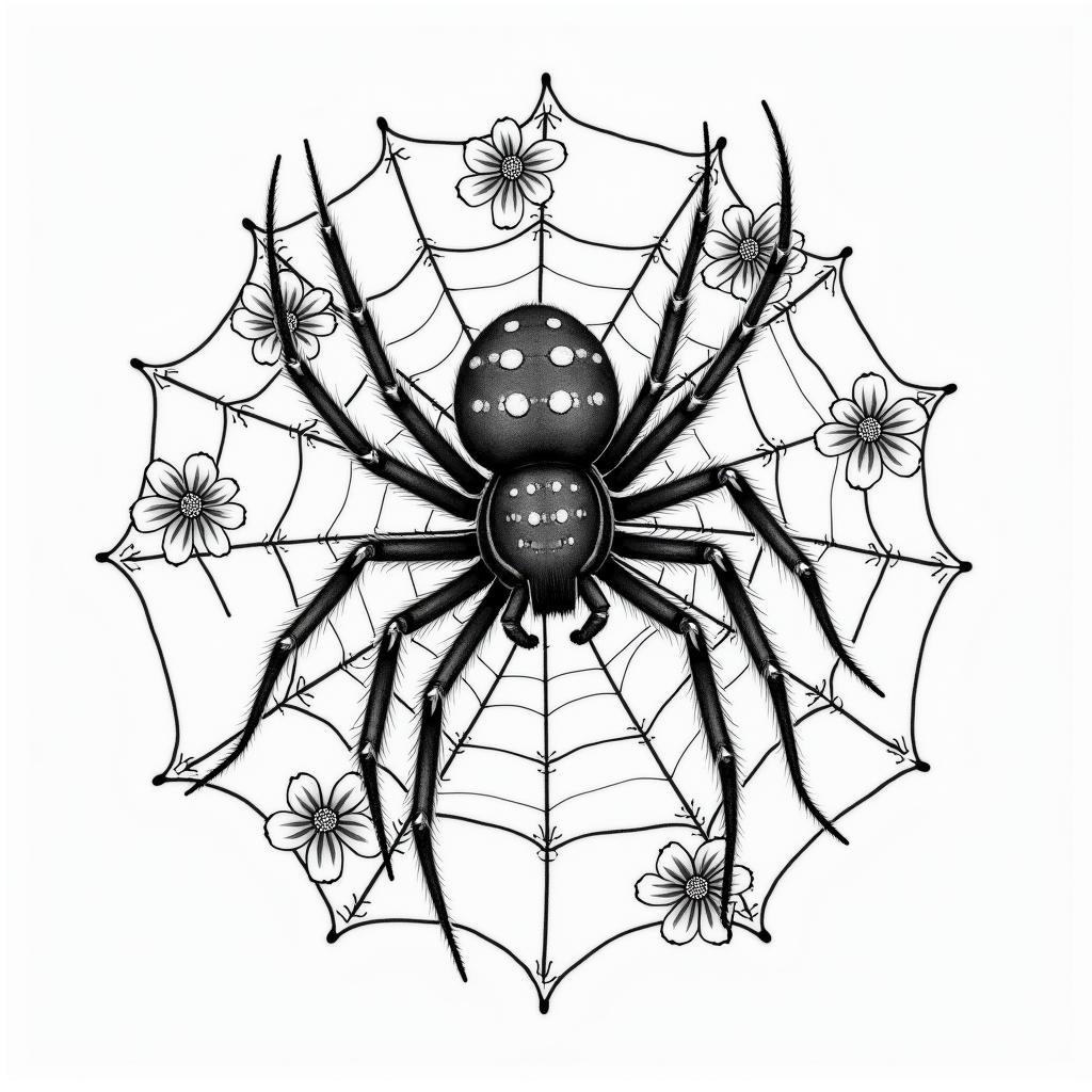 Small spider on web with lots of flowersin japanese style tattoo, detailed tattoo, traditional japanese culture tattoo, mythology, 8k - Variation 64