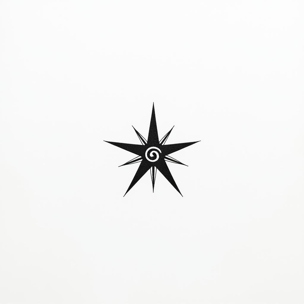 Small fine line star only using one line and a swirl in the middle. Very simplein minimalist style tattoo, featuring simple shapes and fine lines, with minimal shading and details, tiny triangles, creating a sense of balance and harmony