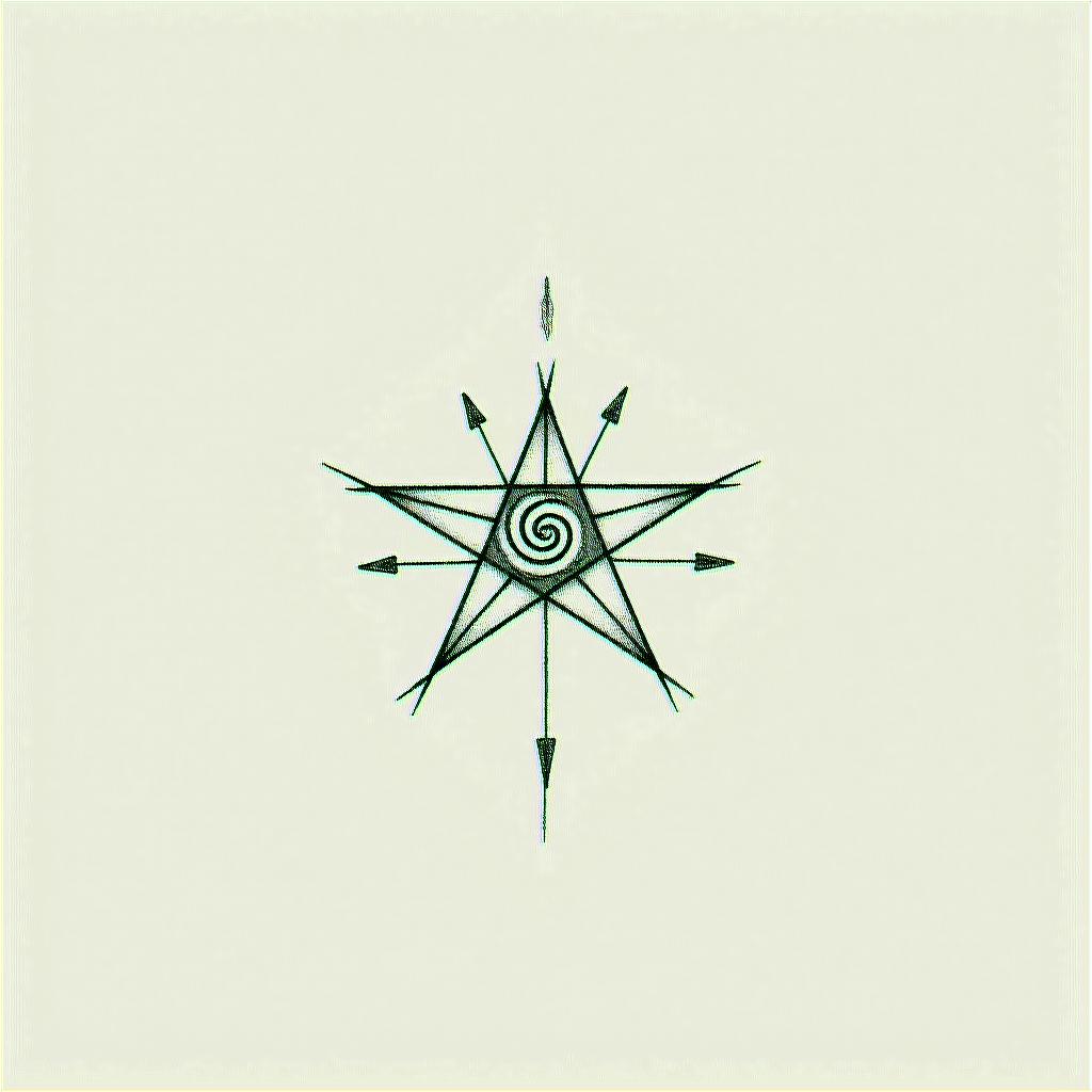 Small fine line star only using one line and a swirl in the middle. Very simplein minimalist style tattoo, featuring simple shapes and fine lines, with minimal shading and details, tiny triangles, creating a sense of balance and harmony - Variation 3