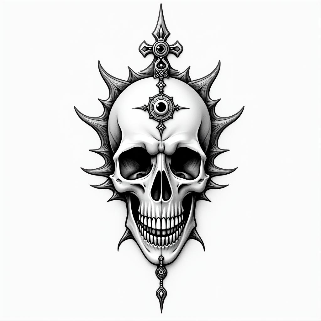 half dolphin half skullin spiritual symbols tattoo style, featuring an intricate design incorporating elements, Hamsa hand, third eye, minimalist composition - Variation 2