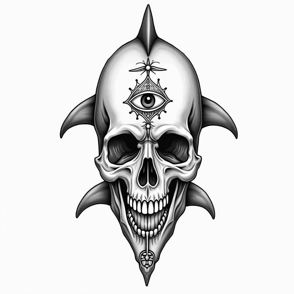 half dolphin half skullin spiritual symbols tattoo style, featuring an intricate design incorporating elements, Hamsa hand, third eye, minimalist composition - Variation 3