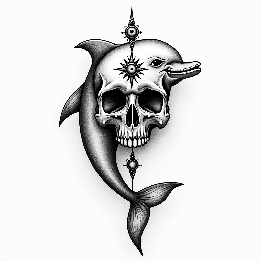 half dolphin half skullin spiritual symbols tattoo style, featuring an intricate design incorporating elements, Hamsa hand, third eye, minimalist composition