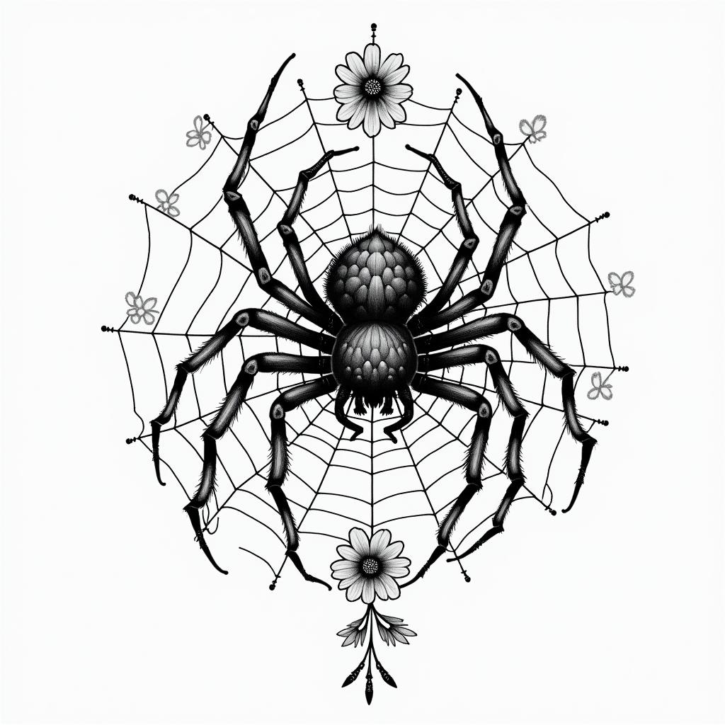 Small spider on web with lots of flowersin japanese style tattoo, detailed tattoo, traditional japanese culture tattoo, mythology, 8k - Variation 61