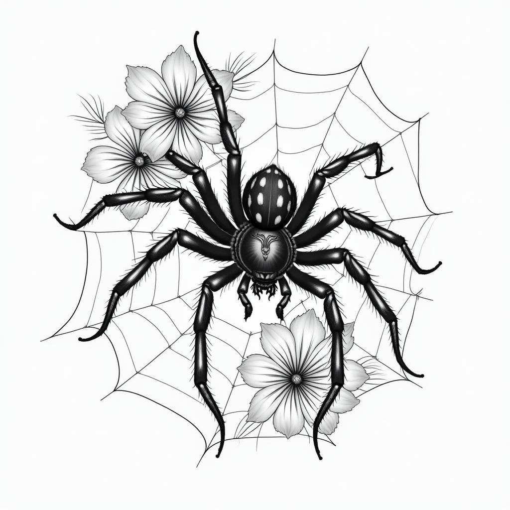 Small spider on web with lots of flowersin japanese style tattoo, detailed tattoo, traditional japanese culture tattoo, mythology, 8k - Variation 60