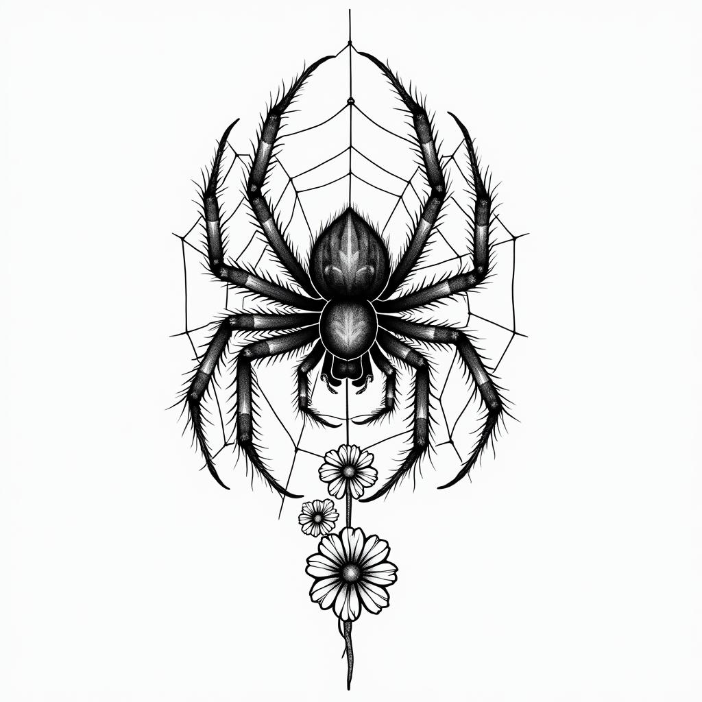 Small spider on web with lots of flowersin japanese style tattoo, detailed tattoo, traditional japanese culture tattoo, mythology, 8k - Variation 62