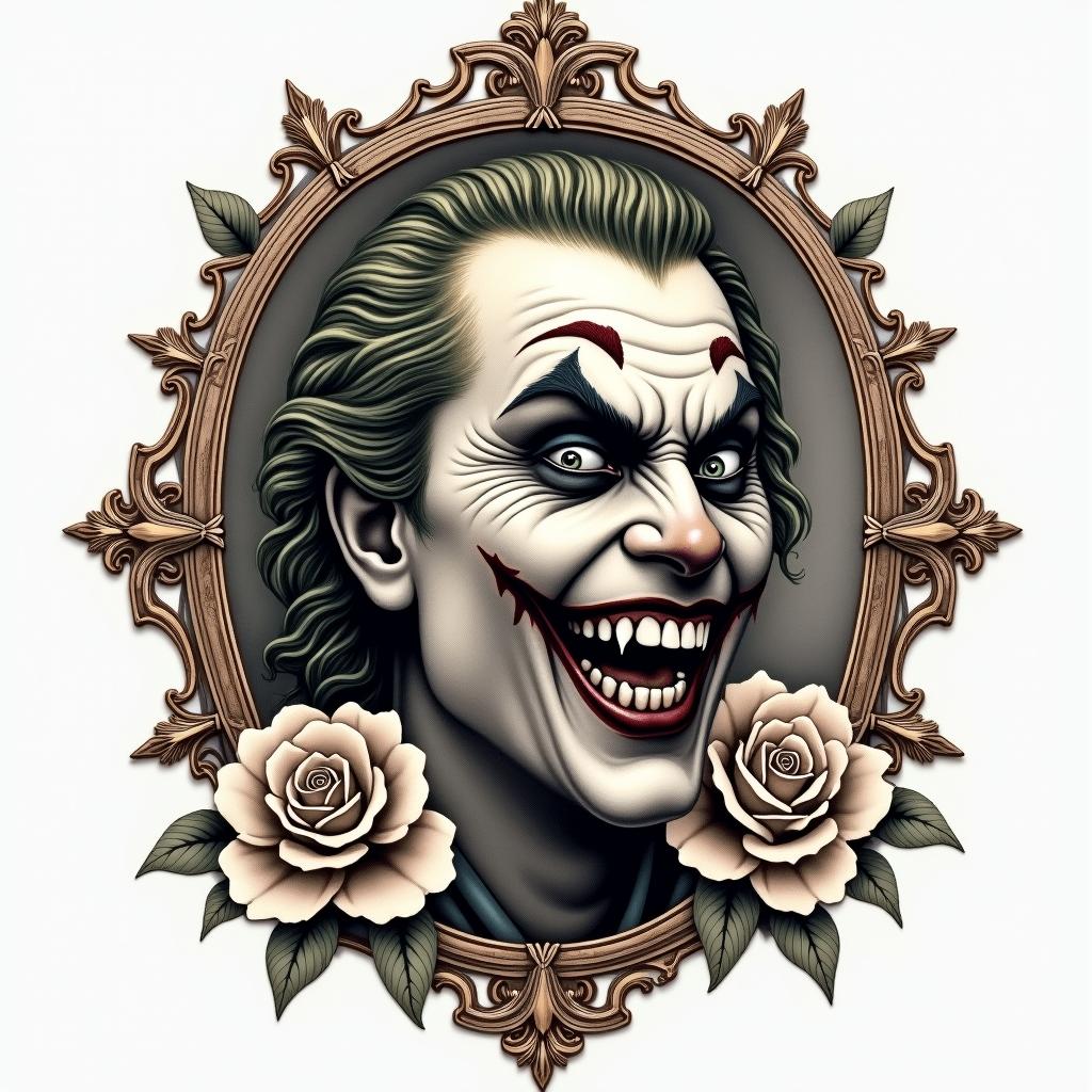 The Joker with a menacing smilein victorian style tattoo, featuring vintage and elegant elements, ornate frames, roses, antique, sepia-toned color scheme