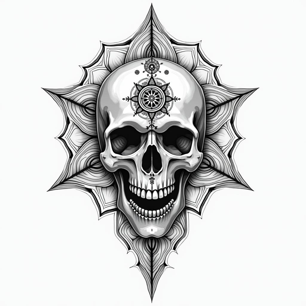 half dolphin half skull in geometric style tattoo, blending hexagons, mandala-inspired patterns, symmetrical and fractal design, clean lines, sharp angles - Variation 4