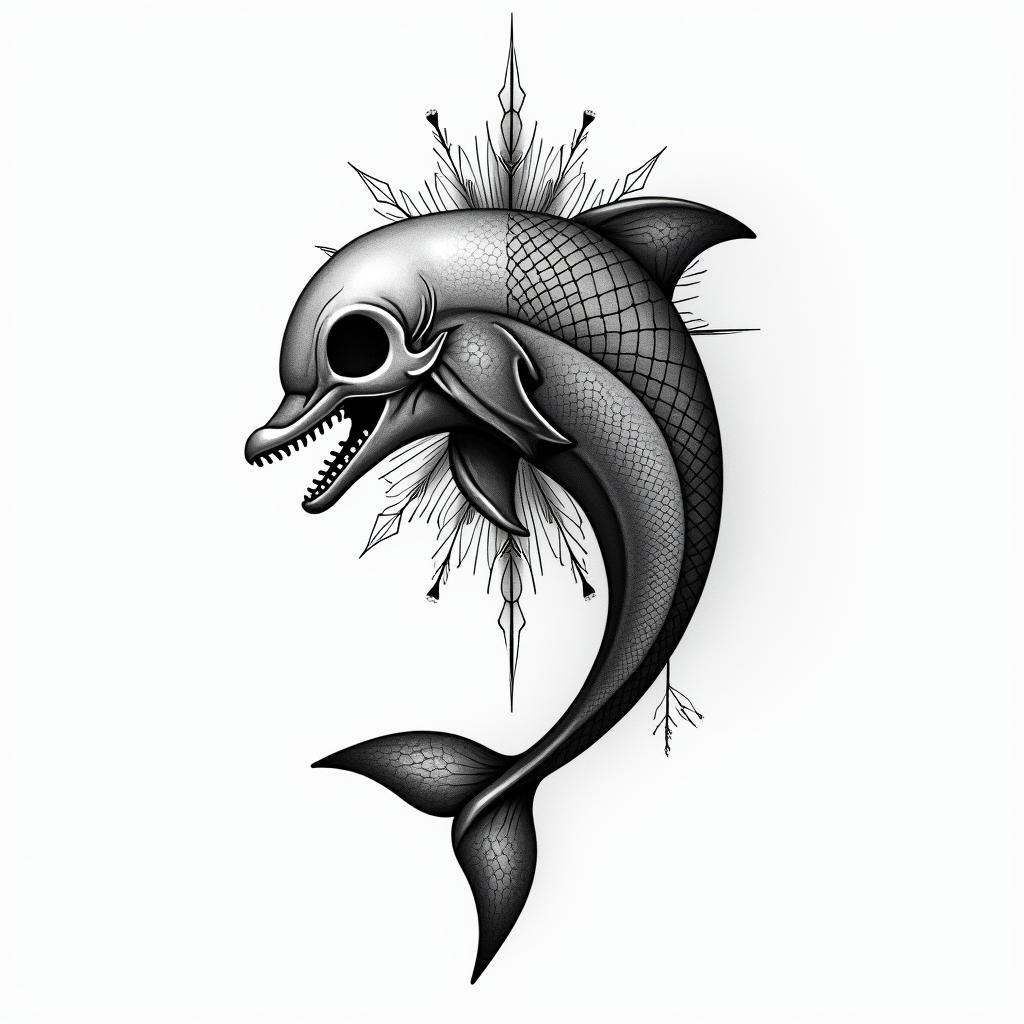 half dolphin half skull in geometric style tattoo, blending hexagons, mandala-inspired patterns, symmetrical and fractal design, clean lines, sharp angles