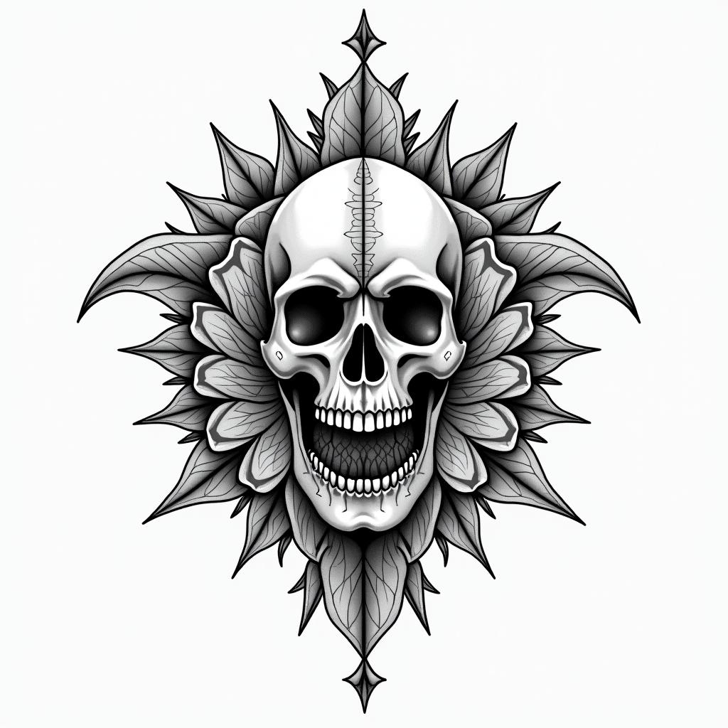 half dolphin half skull in geometric style tattoo, blending hexagons, mandala-inspired patterns, symmetrical and fractal design, clean lines, sharp angles - Variation 3