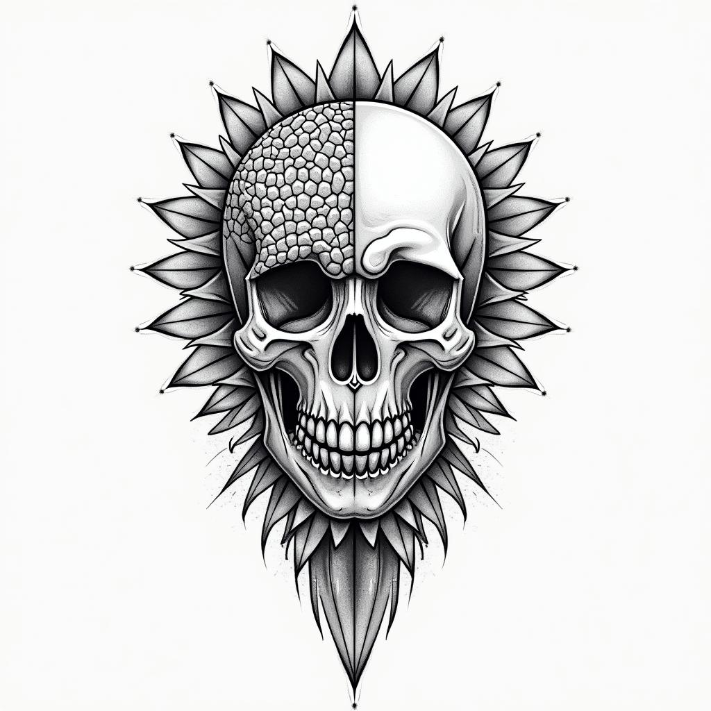 half dolphin half skull in geometric style tattoo, blending hexagons, mandala-inspired patterns, symmetrical and fractal design, clean lines, sharp angles - Variation 2