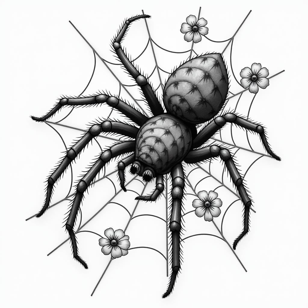 Small spider on web with lots of flowersin japanese style tattoo, detailed tattoo, traditional japanese culture tattoo, mythology, 8k - Variation 57