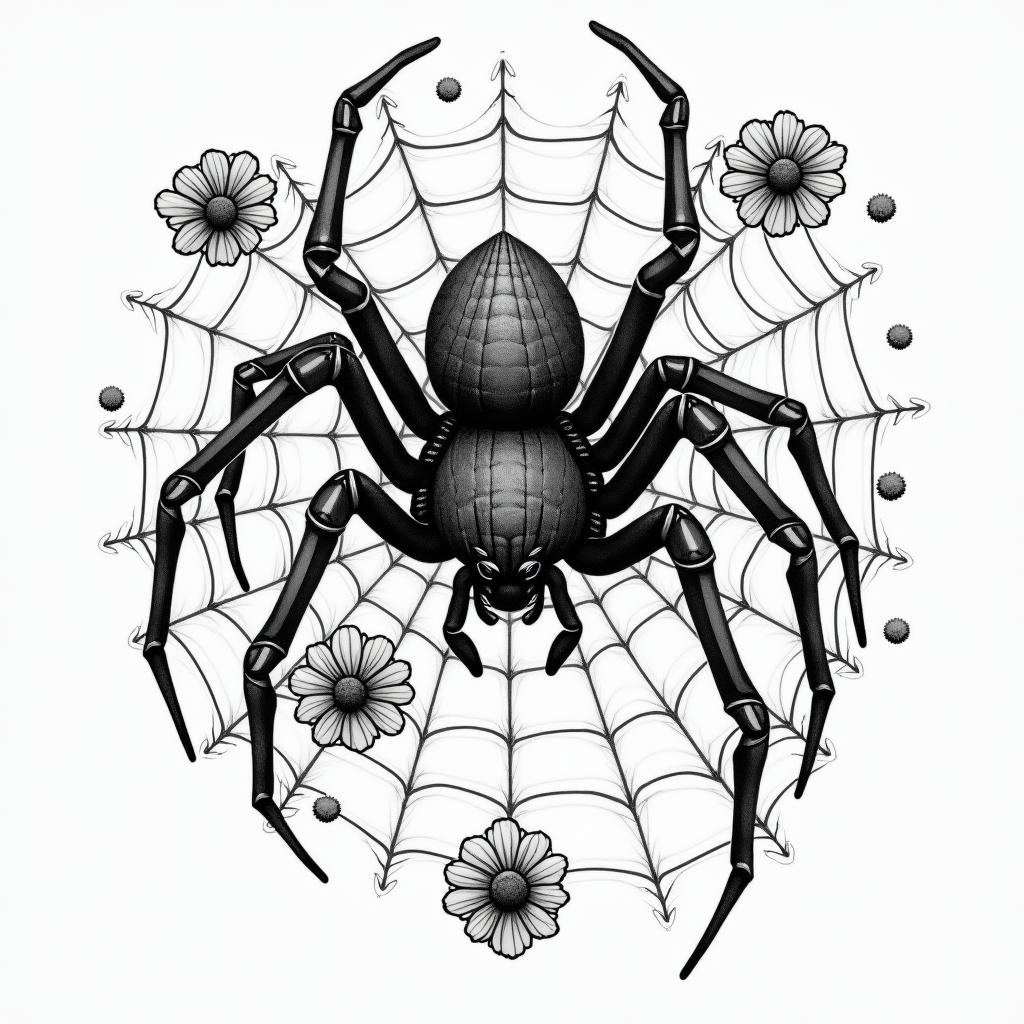 Small spider on web with lots of flowersin japanese style tattoo, detailed tattoo, traditional japanese culture tattoo, mythology, 8k - Variation 58