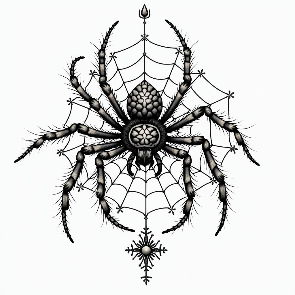 Small spider on web with lots of flowersin japanese style tattoo, detailed tattoo, traditional japanese culture tattoo, mythology, 8k - Variation 56